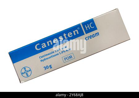 Box of Canesten HC cream by Bayer isolated on white background used to treat fungal skin infections - Canesten Hydrocortisone Cream Stock Photo