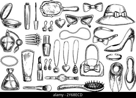 A set of clip art with women's accessories, cosmetics, jewelry, hair clips, and others. Black and white vector graphics made by hand. Illustrations on Stock Vector
