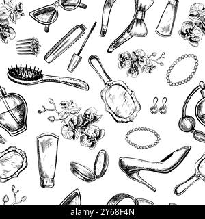 Seamless pattern with women's accessories, cosmetics, jewelry, hair clips and combs, perfumes, etc. Black and white vector graphics made by hand. Illu Stock Vector