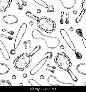 A set of jewelry items pendants, jewelry bracelet, chain, bead. A black and white vector graphic illustration made by hand. Isolate on a white backgro Stock Vector