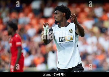 Valencia, Spain. 24th Sep, 2024. VALENCIA, SPAIN - SEPTEMBER 24: Thierry Correia Right-Back of Valencia CF reacts during the La liga EA Sports match between Valencia CF and CA Osasuna at Mestalla Stadium on September 24, 2024 in Villarreal, Spain. (Photo by Jose Torres/Photo Players Images/Magara Press) Credit: Magara Press SL/Alamy Live News Stock Photo