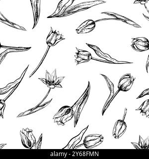 Seamless pattern with the image of tulip flowers. Black and white vector graphics made by hand. Illustration on a white background. For postcards, pac Stock Vector