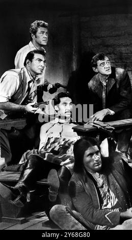 Willard Parker, Stephen McNally, James Griffith, Arthur Shields, Maurice Jara, on-set of the western film, 'Apache Drums', Universal Pictures, 1951 Stock Photo