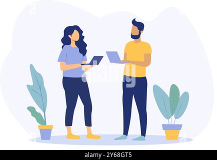 Two individuals holding laptops while standing beside potted plants. Minimalistic graphic style on a light background. Concept of remote work Stock Vector