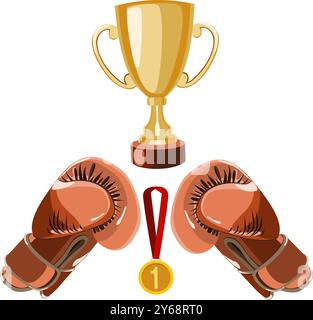 Boxing gloves, winner's cup and first place medal vector illustration Stock Vector