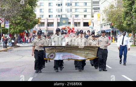 Oakland, CA - Feb 18, 2024: oaklaand Military Institute students participating in the 2nd annual lunar new year parade in Oakland’s Chinatown. Stock Photo