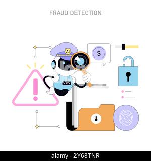 Artificial intelligence fraud detection concept. Robot detective analyzes security risks. Cybersecurity and financial safety. Vector illustration. Stock Vector