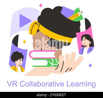 Collaborative learning concept. Students engage in virtual reality education. Interactive and innovative study methods. Vector illustration. Stock Vector
