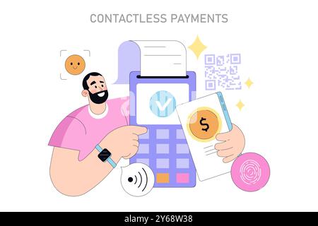 Contactless Payments concept. Smiling man using smartphone for NFC technology transaction. Digital wallet, secure checkout, and modern shopping experience. Vector illustration. Stock Vector