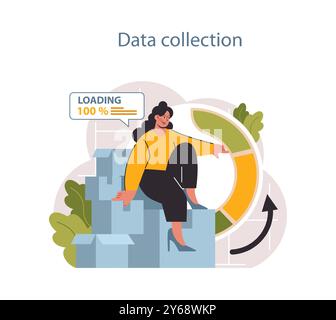 Predictive analytics. Process of using and processing data to forecast future outcome. Business ideas or decisions development. Character collecting data for research. Flat vector illustration Stock Vector