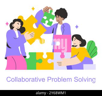 Collaborative Learning concept. Diverse group of individuals engaging in teamwork to solve a puzzle. Representing synergy, unity, and idea exchange. Vector illustration. Stock Vector