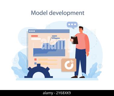 Predictive analytics. Process of using and processing data to forecast future outcome. Business ideas or decisions development. Character developing a model. Flat vector illustration Stock Vector