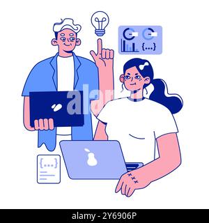 Senior developer. Oldman helping a young co-worker or junior. Developing and maintaining website and app. Oldster IT specialist working in server and data processing centers. Flat vector illustration Stock Vector