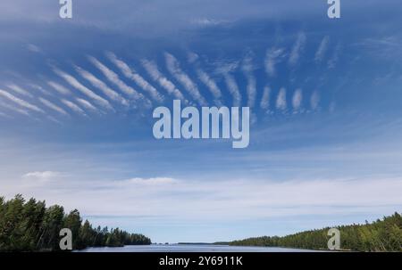 Stripes at blue sky formed by high-altitude cirrocumulus clouds , Finland Stock Photo