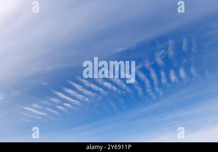 Stripes at blue sky formed by high-altitude cirrocumulus clouds , Finland Stock Photo