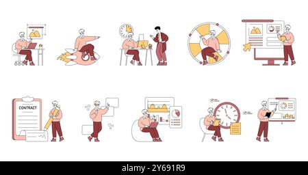Business People set. Corporate professionals in various work scenarios with time management, teamwork, and strategy. Modern workplace dynamics. Vector illustration. Stock Vector