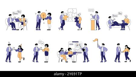 Businessman set. Corporate teamwork and office dynamics. Idea sharing, problem-solving, presentation, celebration, and collaboration themes. Vector illustration. Stock Vector