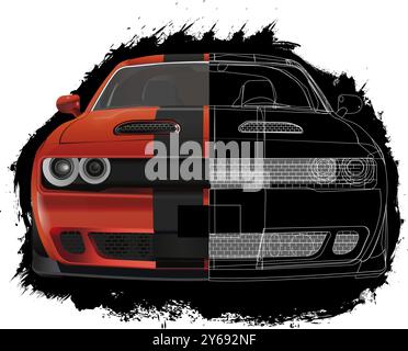 front car illustration with drawing lines Stock Vector