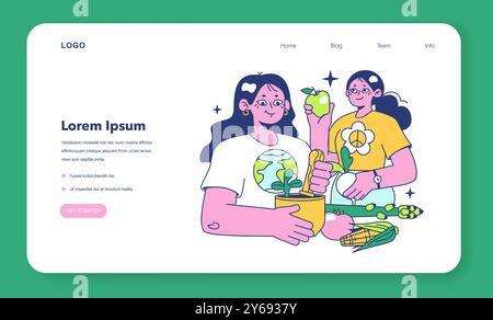 Retreat resort web banner or landing page. Character spending their time in nature, eating fresh vegan food, fruits and vegetables. Outside recreation for body detox. Flat vector illustration Stock Vector