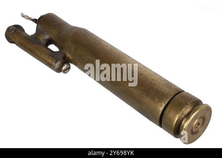 Vintage lighter handmade from ammo case isolated on a white background. Stock Photo