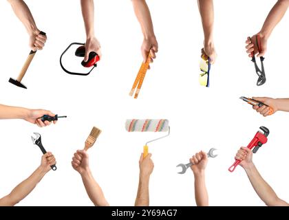 Hands of people with different tools isolated on white Stock Photo