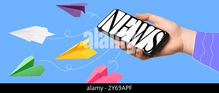 Journalist holding mobile phone with word News on display, paper planes flying away from device as information, creative collage. Banner design Stock Photo