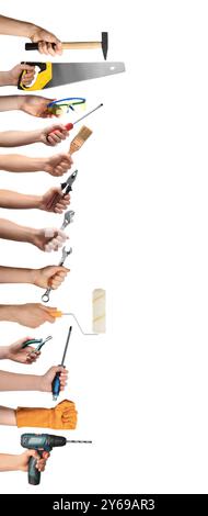 Hands of people with different tools isolated on white Stock Photo