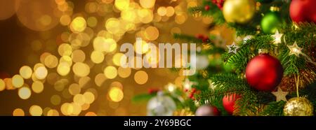 Festive elegant Christmas scene with the closeup of fir tree with ornaments and illuminated fantasy golden background with blurred shiny lights hangin Stock Photo