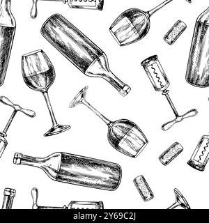 Seamless pattern with wine. A wine glass, a bottle, a corkscrew and a cork. Black and white, graphic, vector illustration, hand-drawn. On a white back Stock Vector