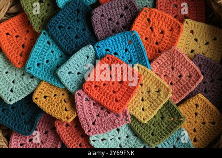 Handmade colorful crochet granny squares Stock Photo