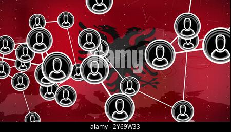 Network of connected user icons image over Albanian flag background Stock Photo