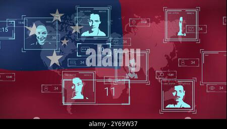 Facial recognition and surveillance image over world map with Samoa flag background Stock Photo