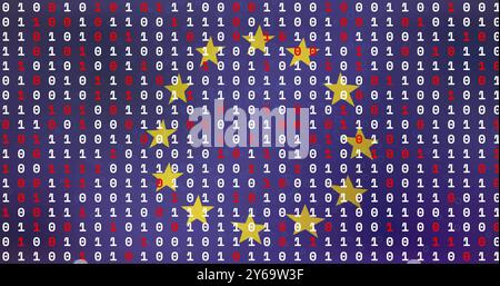 Binary code and stars image over blue background with red arrows Stock Photo