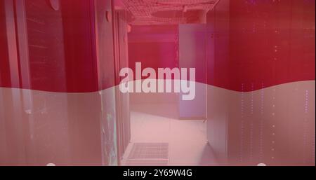 Red and white wave image over server room with glowing lights Stock Photo
