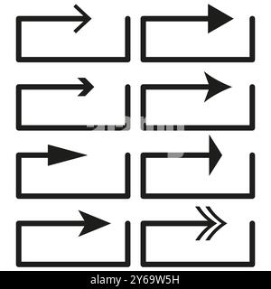 Arrow direction icons. Square outline arrows. Vector arrow shapes. Repeating right point arrows. Stock Vector