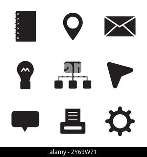 Notebook icon. Location pin symbol. Message envelope graphic. Simple business icons. Stock Vector