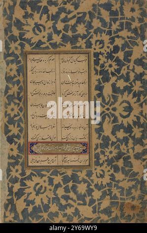 Jami's 'Nafahat al-Uns' (Lives of the Saints), 16th century, Calligraphy, Arabic, Calligraphy, Persian, Manuscripts, Persian, Washington (D.C.), Uzbekistan, Tajikistan, Arabic script calligraphy, Illuminated Islamic manuscripts, Islamic calligraphy, Islamic manuscripts, Nasta'liq, From Jami's 'Nafahat al-Uns' (Lives of the Saints), manuscript pages written in Persian Nasta'liq script from the Shaybanid court of Central Asia., Dimensions of Written Surface: 7.2 (w) x 13.1 (h) cm, The Persian verses are written in black nasta'liq script in two columns on a beige paper. Verses are divided by a pl Stock Photo