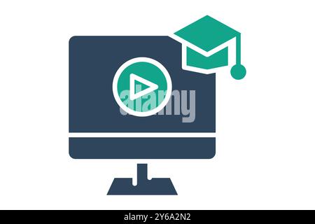 Online course icon. solid icon style. monitor with graduation cap and play sign. icon related to online course. education elements vector illustration Stock Vector