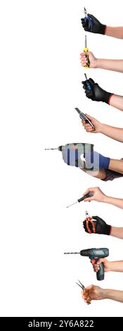 Hands of people with different tools isolated on white Stock Photo