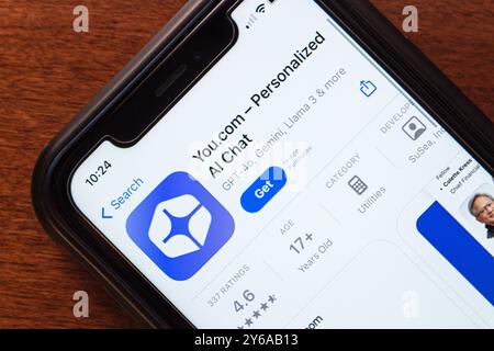 You.com app is displayed in the App Store. You.com is a search engine that emphasizes privacy and user customization with AI-driven features Stock Photo