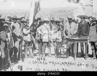 Mexico - Oroszco i.e., Orozco proclaimed head of revolution, Photo shows leaders of the Mexican Revolution including: (right to left) Francisco Ignacio Madero, Rodolfo Fierro (behind Madero), General Pascual Orozco and Abraham Gonzalez. Pascual Orozco, Sr. is holding gun and standing behind man with flag. Photo possibly taken at Hacienda Bustillos, after the arrival of Madero in March 1911., 1911, Mexico, Glass negatives, 1 negative: glass; 5 x 7 in. or smaller. Stock Photo