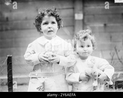 Louis & Lola ?, TITANIC survivors, Photo taken before the 'orphans' of the Titanic were fully identified. The boys are French brothers Michel (age 4) and Edmond Navratil (age 2). To board the ship, their father assumed the name Louis Hoffman and used their nicknames, Lolo and Mamon. Their father died in the disaster of the RMS TITANIC, which struck an iceberg in April 1912 and sank, killing more than 1,500 people., 1912 April, Glass negatives, 1 negative: glass; 5 x 7 in. or smaller. Stock Photo