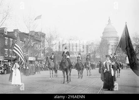 Head of suffrage parade, Photo shows Grand Marshal Mrs. Richard Coke Burleson (center, on horseback) leading suffrage march on March 3, 1913., 1913 March 13, Glass negatives, 1 negative: glass; 5 x 7 in. or smaller. Stock Photo