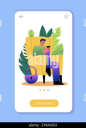 Cyber safety poster. Young guy with smartphone at chair. Internet safety and personal data protection. Antivirus mobile application. Flat vector Stock Vector
