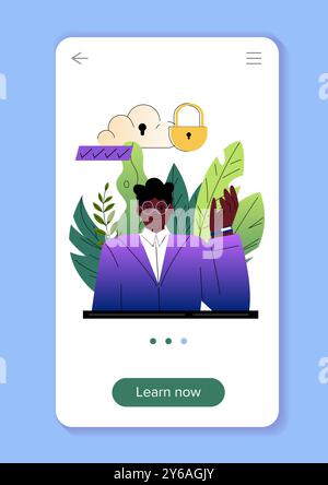 Cyber safety poster. Young guy with cloud wth padlock. Internet safety and personal data protection. Antivirus mobile application. Flat vector Stock Vector