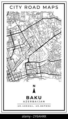 Monochrome Line Art Street Map of Baku City of Azerbaijan, Illustration and home decoration Stock Vector