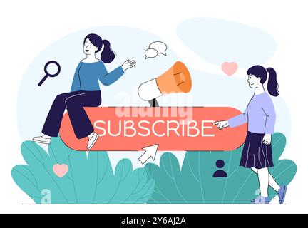 People with subscribe button. Women with loudspeaker and button. Subscribers in social networks. Communication on internet. Linear vector illustration Stock Vector