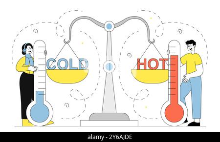 People with temperature contrast. Man and woman with thermometers near scales. Tine guy and girl with climate change. People with meteorology. Linear Stock Vector