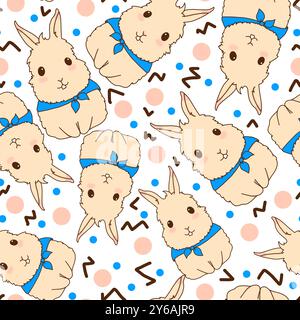 Seamless pattern with rabbits with blue scarfs with confetti dots and zigzags color illustration Stock Photo