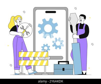 People repair phone. Woman and man with screwdriver near huge smartphone. Engineers fix mobile phone. Broken gadget and device. Linear vector Stock Vector